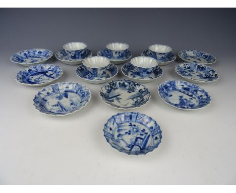 Five Chinese porcelain B/W cups and thirteen saucers with Landscape - Kangxi 1662-1722. Cups=Height: 3,5 cm. Diameter:  6,5 c
