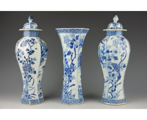 Three Chinese porcelain Blue and white vases with landscape - Kangxi 1662-1722. Height: 32 cm. Two vases are in good conditio