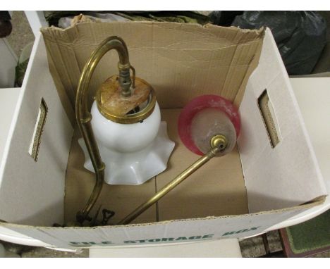 BOX CONTAINING TWO VINTAGE BRASS AND GLASS WALL LIGHT FITTINGS 