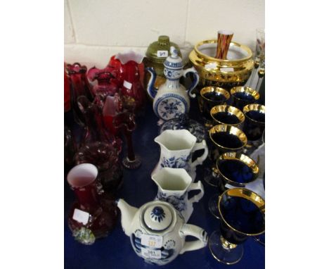 VARIOUS CERAMIC WARES INCLUDING BLUE AND WHITE JUGS, RUMTOPF ETC 