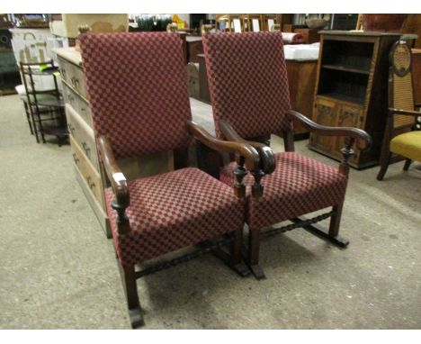 PAIR OF 18TH CENTURY WALNUT THRONE TYPE CARVER CHAIRS, UPHOLSTERED IN GEOMETRIC RED AND GREEN CRUCIFORM PATTERN, EACH WITH GI