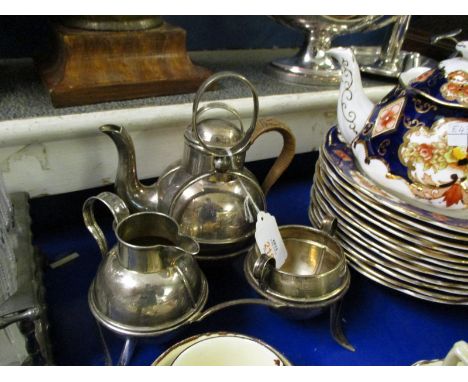 EARLY 20TH CENTURY ELECTRO-PLATED TEA SET ON STAND AND COMPRISING BACHELOR SIZE TEA POT, MILK JUG AND SUGAR BASIN, EACH MODEL