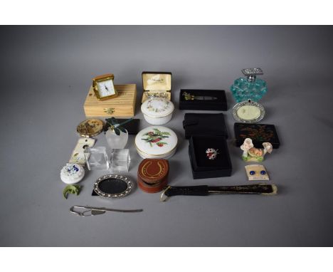 A Tray of Sundries to Include Glass Perfume Bottle, Dragonfly Decorated Scent Bottle, Circular Ceramic Lidded Boxes, Travel A