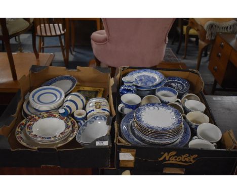 Two Boxes of Blue and White China to Inlcude Willow Pattern Dinner and Side Plates, Cups and Saucers etc 