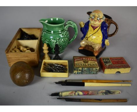 A Collection of Curios to Include Boxwood Chess Pieces, Green Glazed Wedgwood Jug, Character Jug, Steel Pen Nibs, Treen Walnu