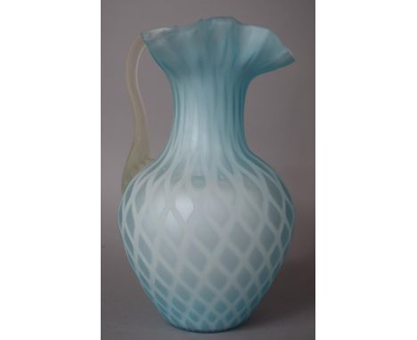 A Thomas Webb &amp; Sons, Stourbridge Blue Satin Ribbonette Pattern Pitcher with Flared Crimped Rim and Spout, 24cm high 
