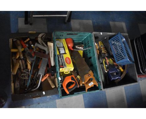 Three Boxes of Various Workshop Tools to Include Spanner, Saws, Stilsons, Screwdrivers etc 