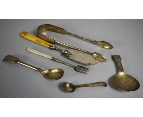 A Georgian Silver Caddy Spoon, Birmingham 1825 Together with a Pair of Georgian Silver Sugar Tongs Plus Other Georgian and Ot