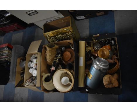 Four Boxes of Sundries to Include Vintage Thermos Flask, Brass Magazine Rack, Cutlery, Kitchen China, Treen Duck and Owls etc