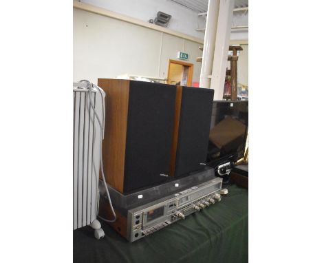 A Vintage Hitachi Music Centre with Record Player Tuner and Cassette Deck, Two Speakers, 67cm wide 