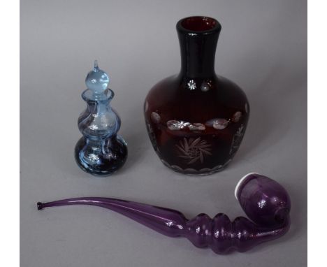 A Collection of Glassware to Include 19th Century Hand Blown Stourbridge Bubble Pipe, Perfume Bottle and Ruby Overlaid Hand B