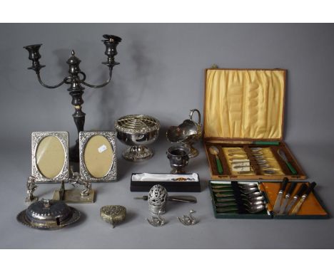 A Collection of Metalwares to include Three Branch Candelabra (Re-soldered) Helmet Shaped Salt, Lidded Butter Dish with Cow F