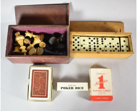 A Vintage Set of Six Spot Dominoes, Vintage Chess Set (Complete), Kings 6.5cm High Together with Two Packs of Playing Cards a