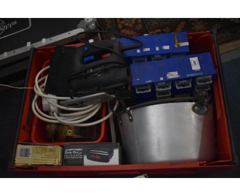 A Box Containing Electric Jigsaw, Aluminum Jam Pan, Two Screw Containers, Clock Radio Alarm etc 