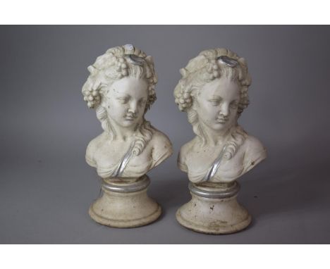 A Pair of Ceramic Busts of Maidens on Turned Socles, Each 33.5cm High 