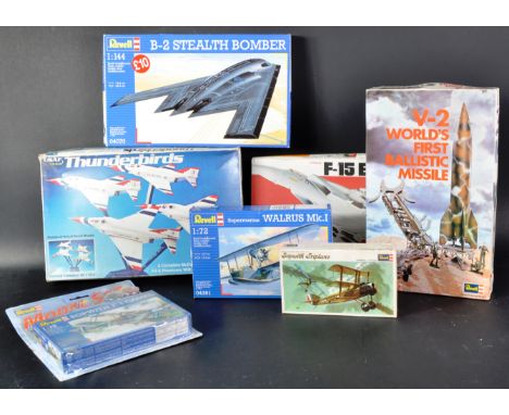 A collection of x7 assorted Revell made plastic model kits. Examples to include 1/72 scale USAF Thunderbirds, 1/72 scale F-15