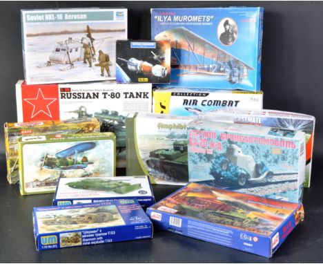 A collection of x13 assorted plastic model kits of various scales and makers. Examples to include; Lindberg 1/35 scale Russia