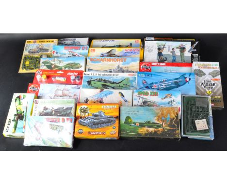 A large collection of assorted plastic model kits of various scales and makers to include; Airfix Cutty, Heller 1/72 scale Ya