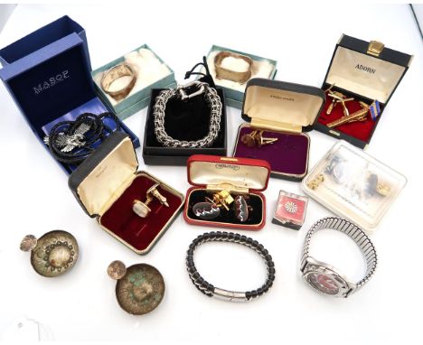 A group of gentleman's jewellery and accessories including an Animal stainless steel watch, a Masop eagle bolo tie a pair of 