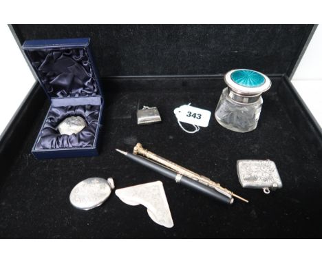 A group of silver and collectables comprising a silver and enamel topped inkwell, a gold plated propelling pencil with bloods
