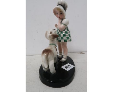 A Goldscheider figure of a little girl with a lamb, model number 6747, circa 1933, approx 18cm high