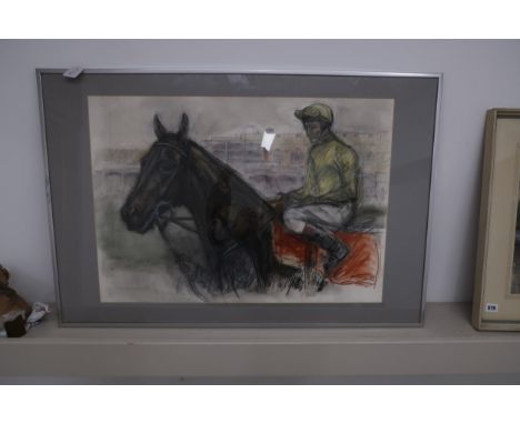 Renata Blank (20th century): pastel study of a racehorse and jockey, signed lower right, 50 by 72cm, framed and glazed.