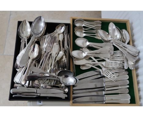 A group of St Medard silver plated cutlery in fiddle pattern comprising twelve knives, forks, large spoons, medium spoons and