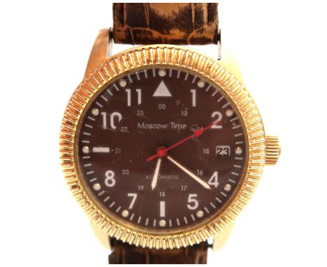 A gold plated gents Moscow Time automatic wrist watch, with 24 hour face, central second sweep and date. Running in auction.