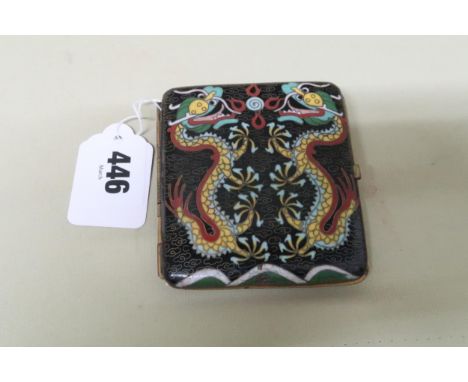 A Chinese cloisonne cigarette case the black cloud ground with yellow dragon chasing the flaming pearl to one side, and two d