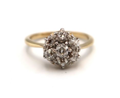 An 18ct yellow gold vintage old cut diamond cluster ring, diamonds are bright and lively, head size approx 10mm diameter, siz