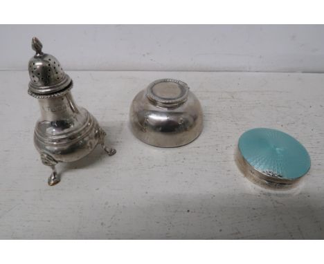 A silver hallmarked filled inkwell and pepper pot and an enamel pot - approx weight 3.55 troy oz