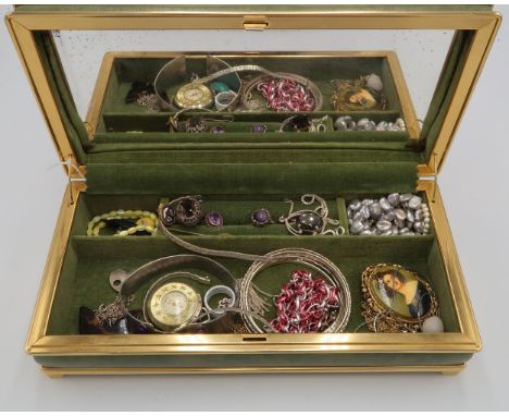 A group of silver and vintage costume jewellery, including a flat link chain necklace an amethyst ring, another silver ring s