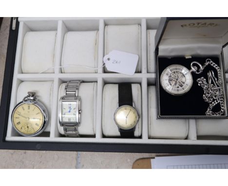 A group of four watches comprising a Hilfiger curved watch with stainless steel bracelet strap, a vintage Timex wristwatch an