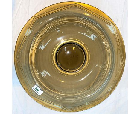 An Art Deco smoky glass dish with gilt borders by Daum, Nancy, etched signature to base, diameter 39 cm.&nbsp;&nbsp;In good c