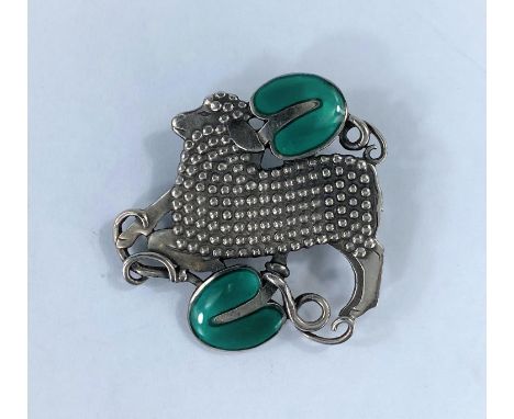 Georg Jensen, a silver brooch designed by Arno Malinowski, a lamb with beaded body set between two green enamel leaves, stamp
