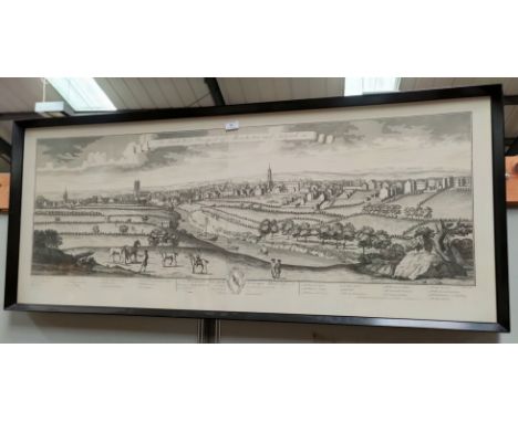 A reproduction monochrome print "The South West Prospect of Manchester and Salford, framed and glazed; a wall mirror in recta