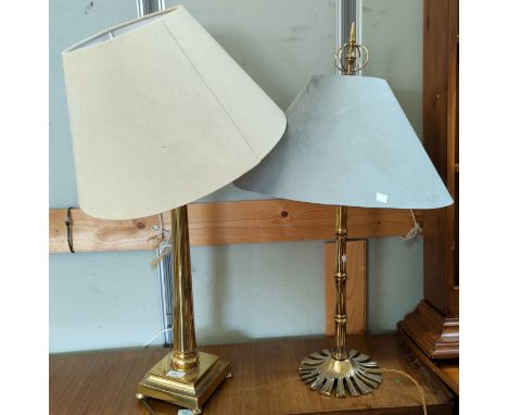 2 large brass column table lamps with shades by 'AND SO TO BED'one is 'Nelson's Column' and the other 'Bamboo Table Lamp'