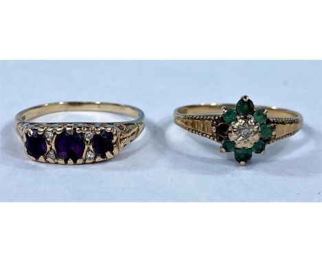 A 9ct hallmarked 3 stone amethyst ring with a small diamond at each end, size T; a sapphire &amp; cubic zirconia eternity rin