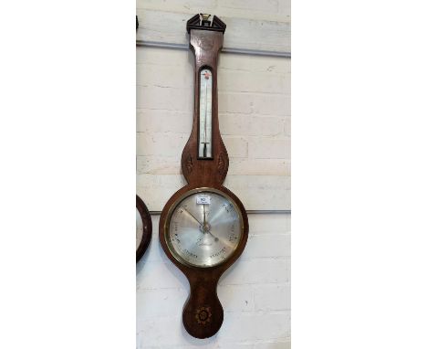 A mercury column barometer with thermometer in banjo shaped Sheraton style inlaid mahogany case, by Lily Edinburgh, height 96