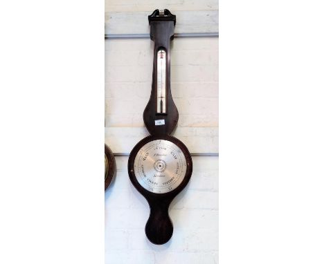 A 19th century mercury column barometer with thermometer in banjo shaped line inlaid mahogany case, by P Brambano, Evesham, h