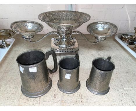 A 5 piece carving set with ceramic handles, boxed (1 handle a.f.); a table centre base with twin branches (no fixing nuts); a