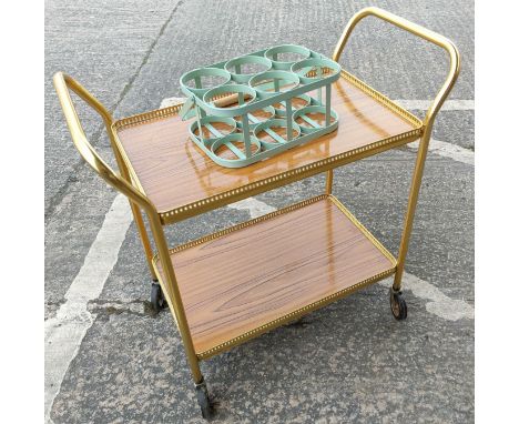 A retro style milk/bottle carrier (small bolt missing), a vintage gilt cocktail trolly 
