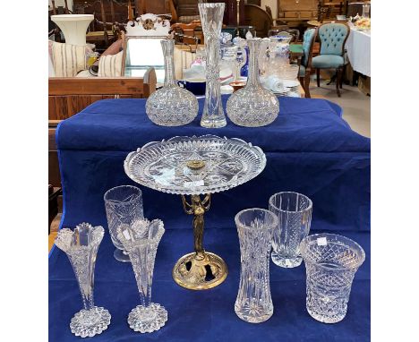 An Art Nouveau style comport in glass and brass; a selection of cut glassware 
