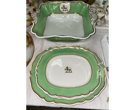 A Worcester Flight Barr &amp; Barr square basin with shaped scalloped handles, 32 cm; 3 matching dishes with lion armorial 