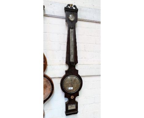 A 19th century mercury column barometer with thermometer, hygrometer and level, in banjo shaped case, by Webb Hoxted 