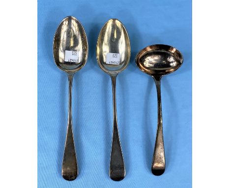 A pair of Old English pattern hallmarked silver tablespoons London 1808; an Old English pattern hallmarked silver sauce ladle