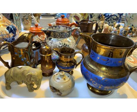 A Mason's ceramic clock, Doulton Lambeth jugs and other lustre jugs etc 
