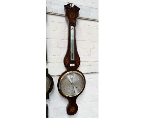 A 19th century mercury column barometer with thermometer in banjo shaped Sheraton style inlaid mahogany case, by Mafino Edinb