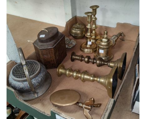 A 19th century brass tobacco jar 14cm; a pair of 19th century candlesticks, a fireside tripod table a string tin etc 