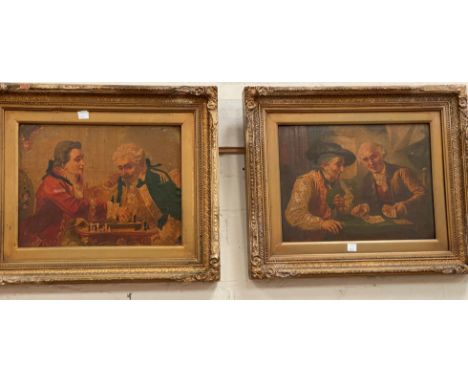 A 19th century pair of textured prints; 18th century interiors with men playing cards and chess respectively 24x32cm&nbsp;